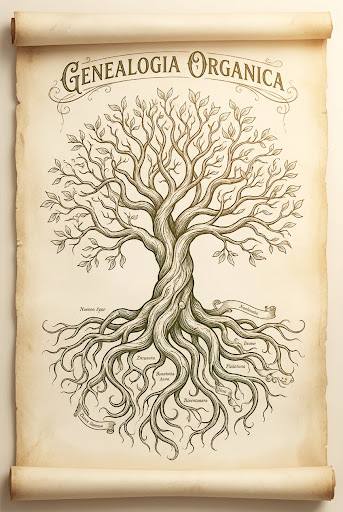 Vintage botanical illustration of a family tree with organic roots